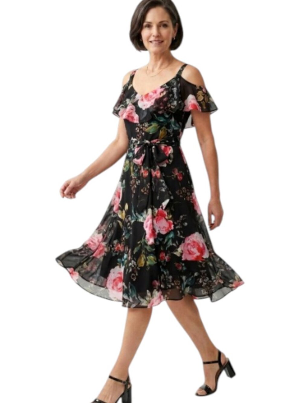 Joseph Ribkoff Floral Cold Shoulder Ruffle Midi Dress Wedding Guest 10